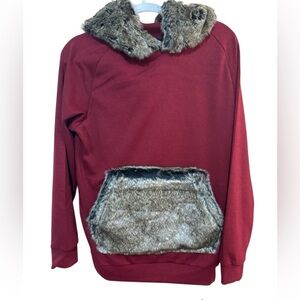 RIFLESSI NWT S Burgundy Faux Fur Hoodie Pullover with Kangaroo Pocket. Sz Small